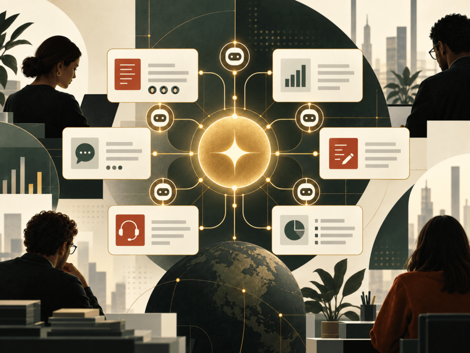 Enterprise AI agents connected to workplace tasks including reports, drafting, support and data analysis