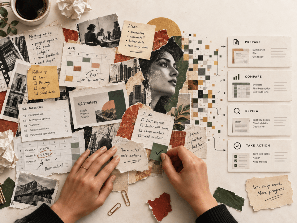 Editorial collage showing meeting notes, planning, comparison, review and action tasks organised with AI assistance