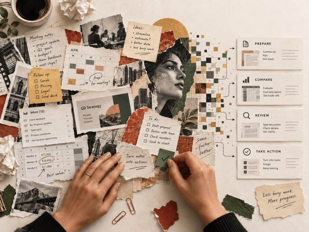 Editorial collage showing work notes, planning, review and AI-assisted preparation