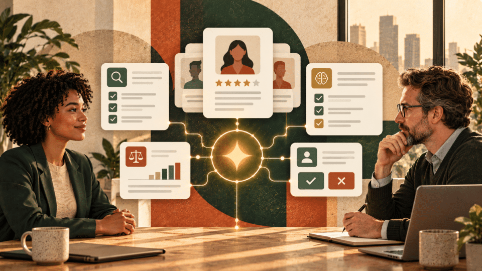 Editorial illustration showing AI-assisted job screening with a candidate, recruiter and human review checkpoints