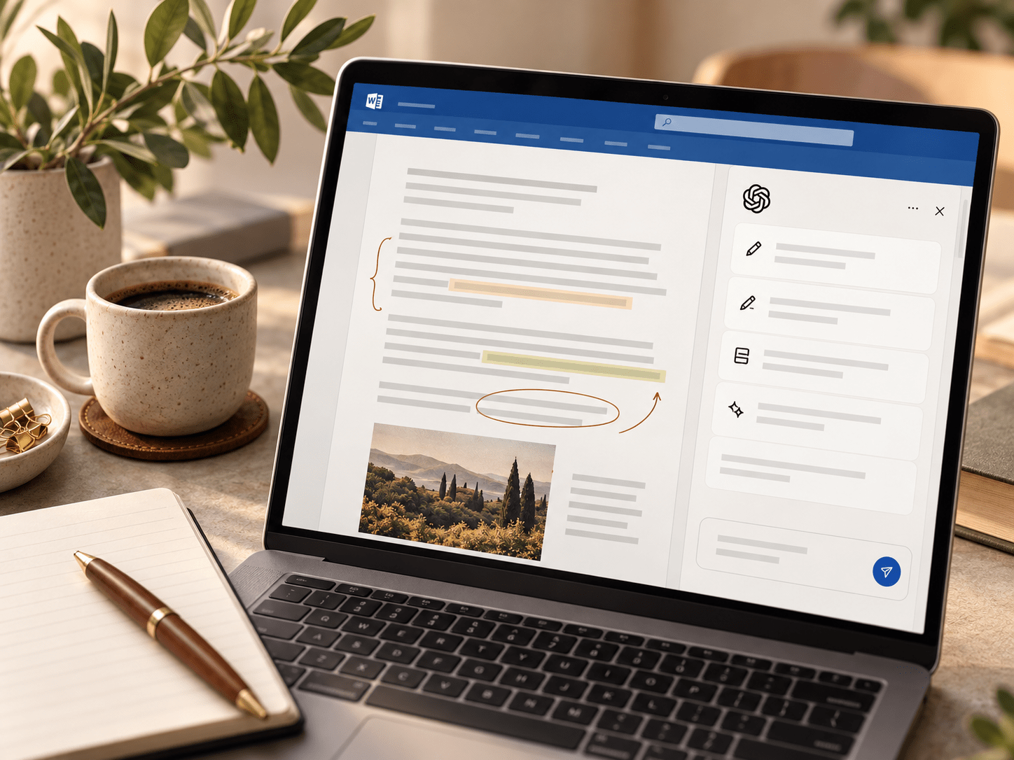 Microsoft Word document open beside ChatGPT tools for drafting, editing, summarizing and document review
