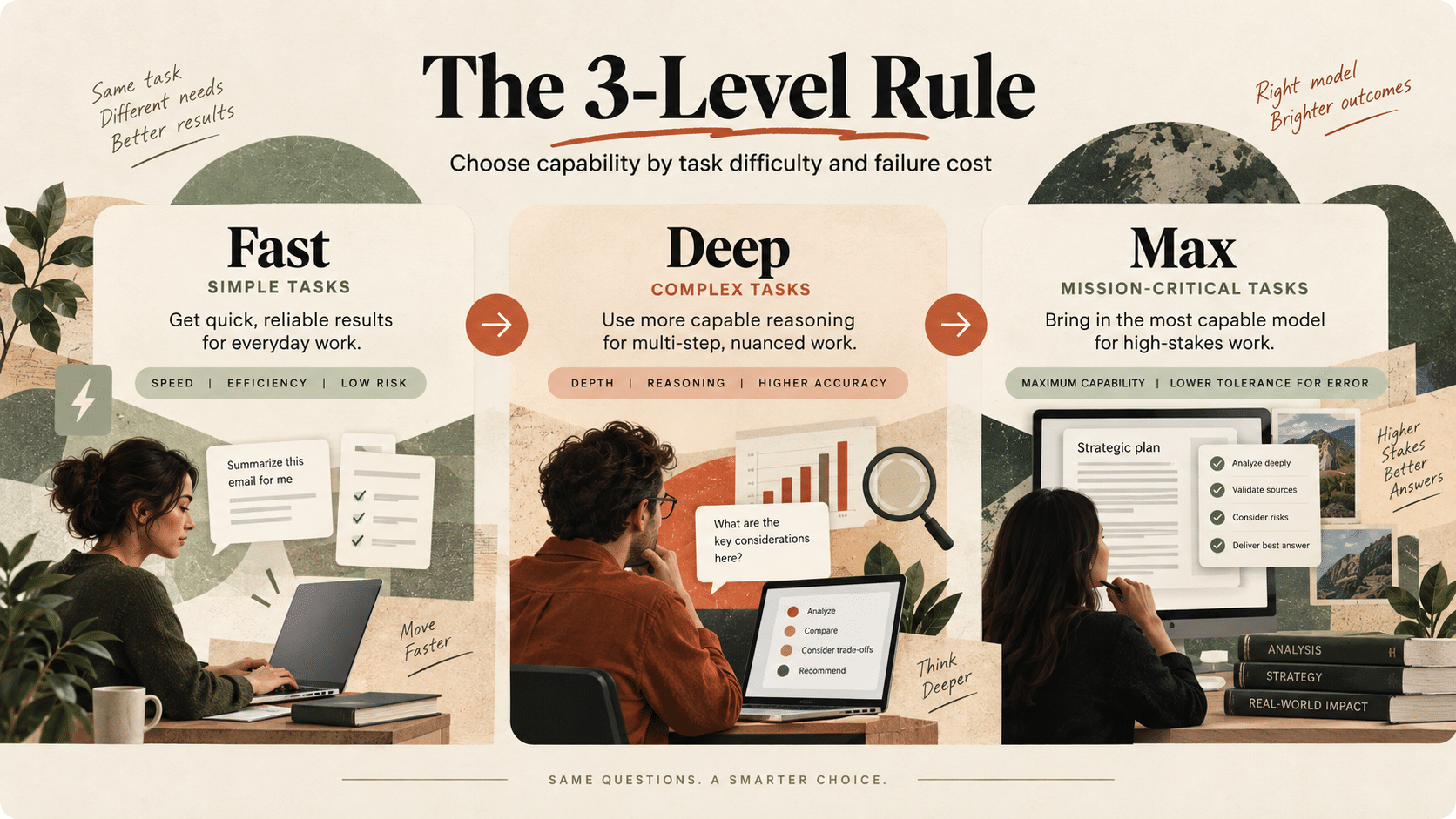 AInsidr guide showing the Fast, Deep and Max rule for choosing AI model capability by task difficulty and failure cost