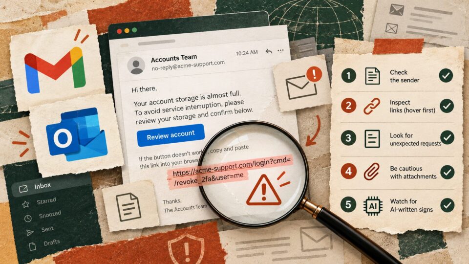 Gmail and Outlook logos, a suspicious email link highlighted and five security review steps