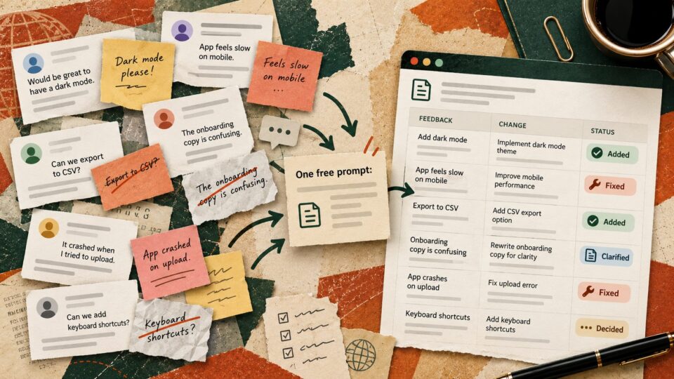 Customer comments and feedback are transformed into an organised work change log with statuses