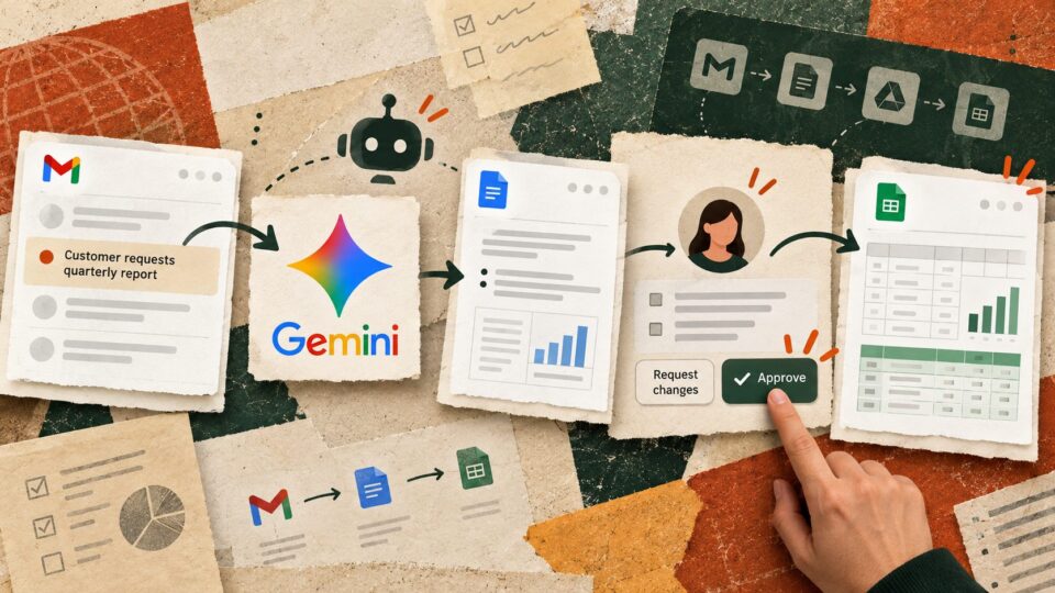Gemini logo and Gmail, Docs and Sheets with a human approval step before an AI agent updates a spreadsheet