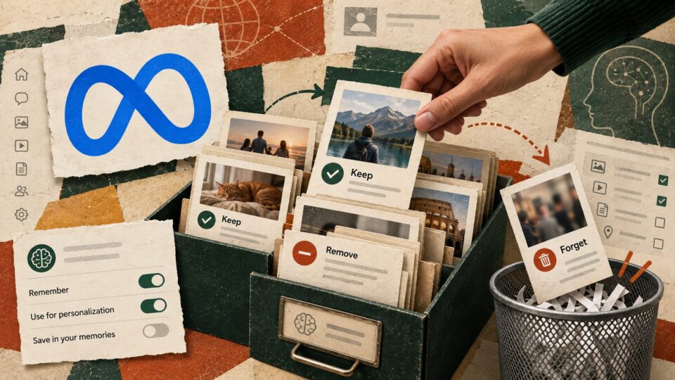 Meta logo beside a user choosing which remembered details an AI assistant should keep or forget