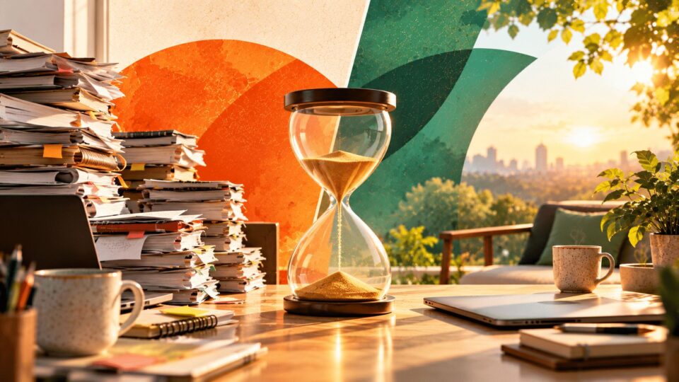 Editorial hourglass highlighting reclaimed time and work overload