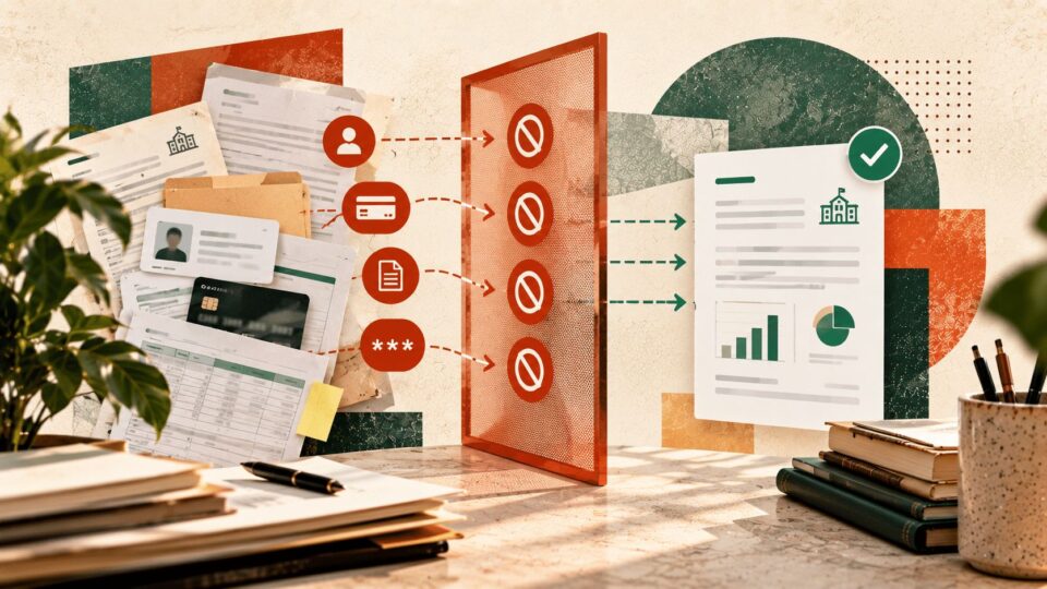 Editorial illustration of separating sensitive work details from information approved for AI tools