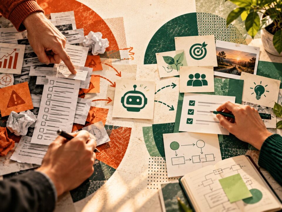 Editorial collage showing participation and meaningful collaboration as a way to introduce AI