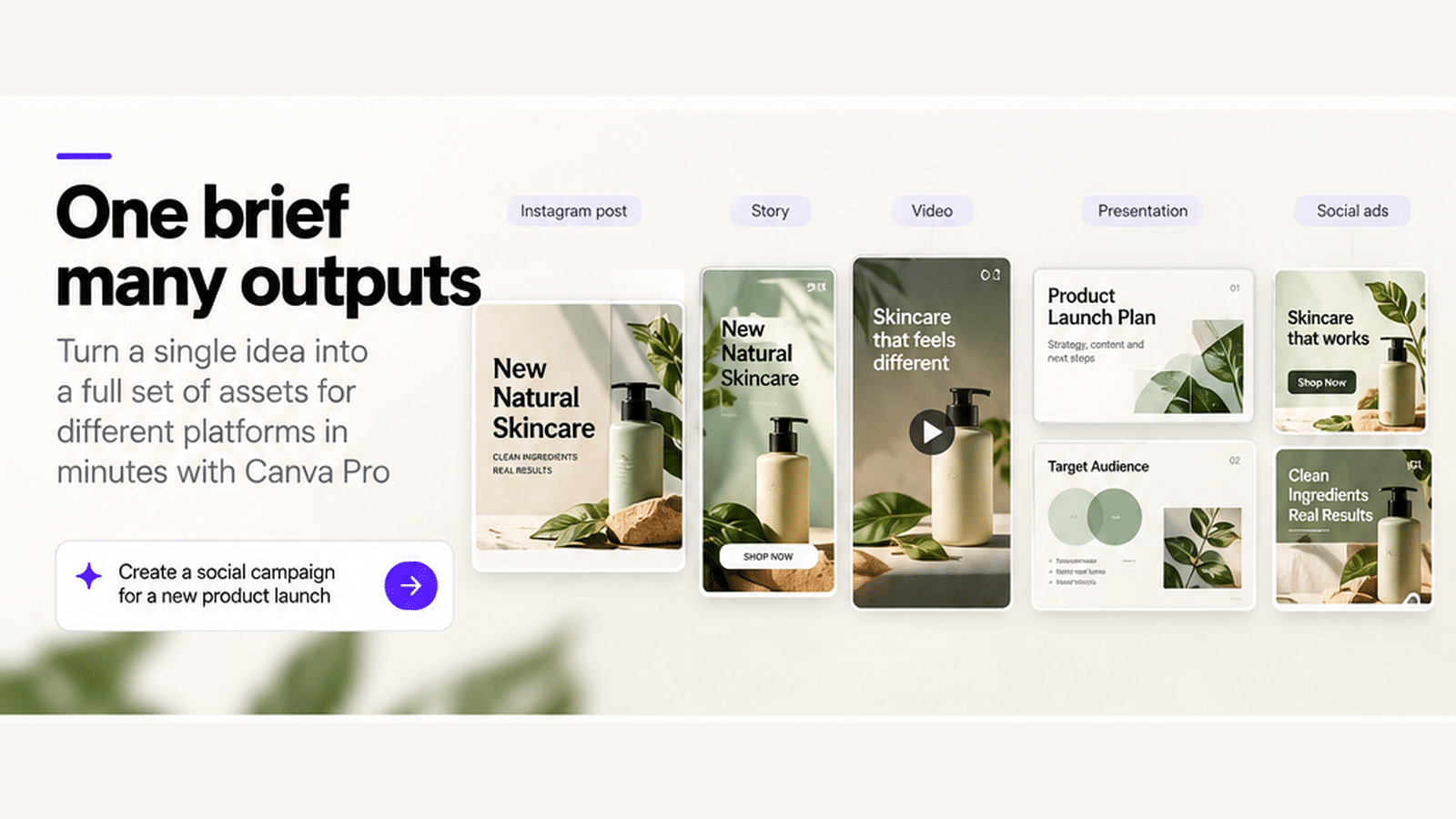 One campaign brief adapted into an Instagram post, Story, video, presentation and social ad in a consistent visual style