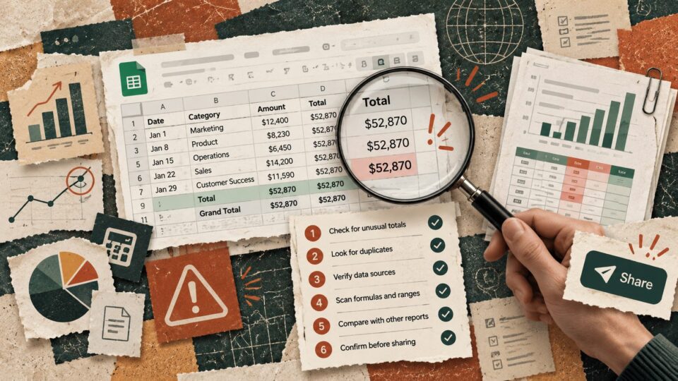 Layered cream and forest-green collage of spreadsheet total duplication under a magnifying glass with a six-step verification checklist