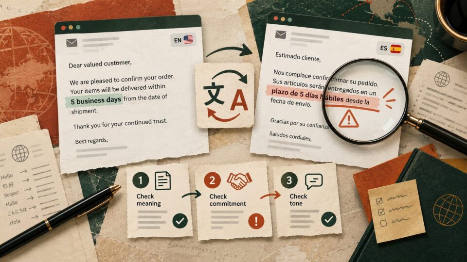 Two translated customer messages compared under a magnifying glass with meaning, commitment and tone checks