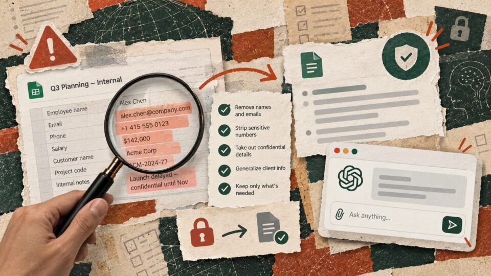 Redaction of sensitive details from a work document before entering safe information into an AI assistant